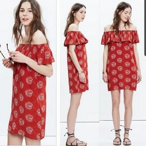 Madewell Red 100% Silk Palm Print Off Shoulder Mini Dress NWT